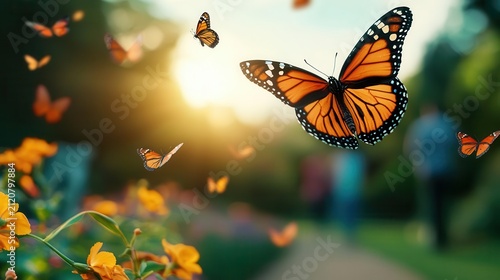 Breezy garden path winding through summer blooms, butterflies flitting softly