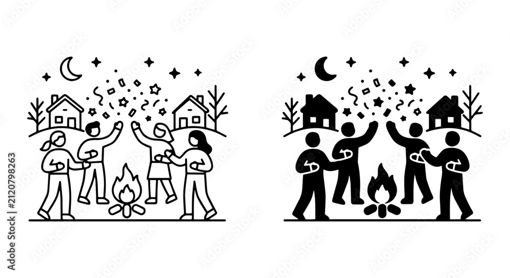 Naklejka premium Celebration Vector Icons: Festive People, Bonfire, Night Sky, Confetti, Houses