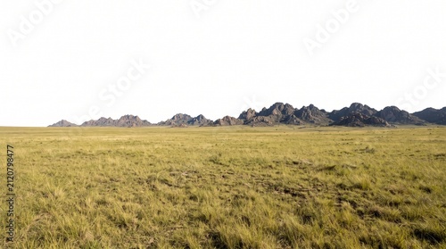 Vast grassland with a rugged mountain range under a clear white sky, showcasing natural beauty and open space
