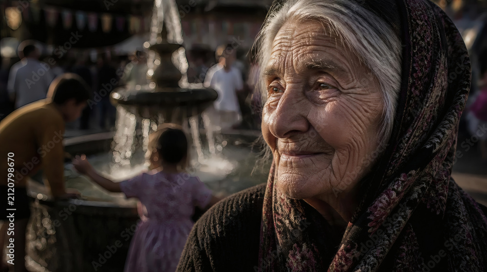 Fototapeta premium Wise Elderly Woman Gazes Out with Gentle Smile in Bustling Town Square