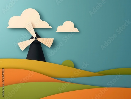 Breezy farm landscape with windmill turning slowly, summer sky glowing