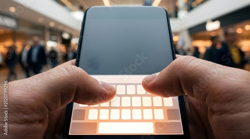 Person typing on a smartphone screen with glowing virtual keyboard