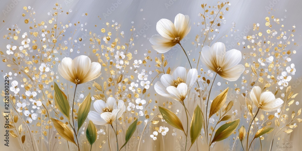 Fototapeta premium Abstract oil painting with beige and white tones, gold accents, delicate flowers, soft brushstrokes, gentle gradient background, evoking tranquility, elegance, and artistic luxury