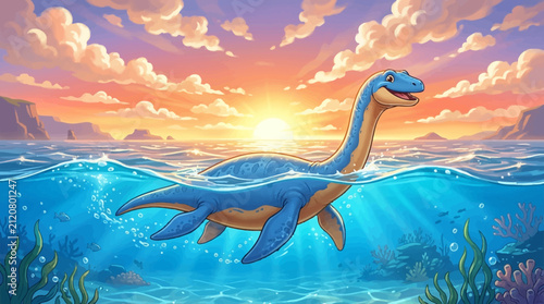 A friendly blue plesiosaur swims through calm ocean waters under a vibrant sunset sky filled with soft clouds.
