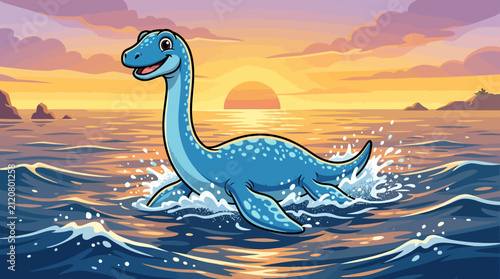 A friendly cartoon Loch Ness Monster joyfully swims through the sparkling ocean waves during a beautiful, vibrant sunset.