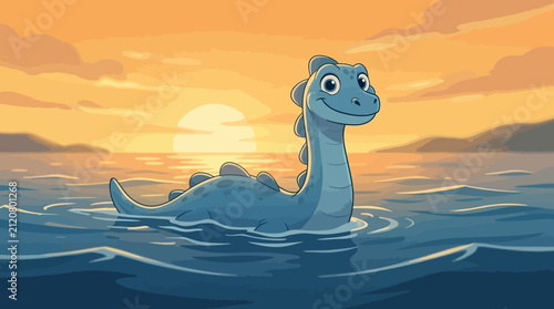A friendly blue plesiosaur swims in a calm ocean during a warm sunset in this stylized digital illustration.