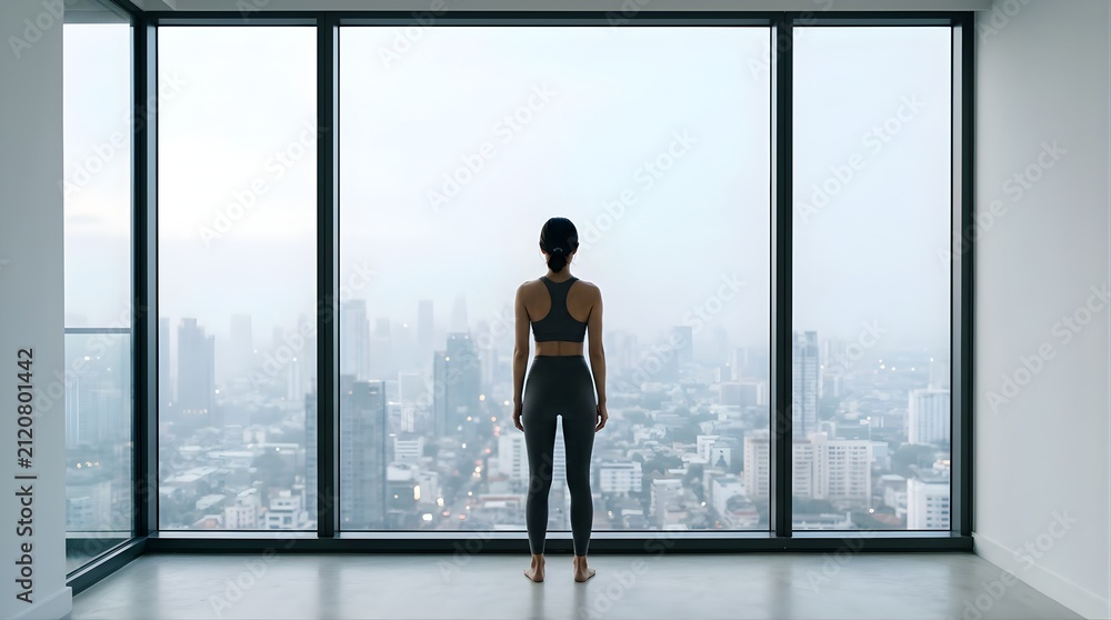Fototapeta premium Young woman standing in a modern apartment looking at the city skyline