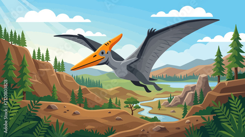 A colorful cartoon pterodactyl flies over a prehistoric landscape featuring mountains, trees, and a winding river under a blue sky.