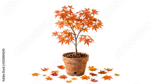 Japanese maple bonsai tree with orange autumn leaves, potted acer palmatum in terracotta planter, fall season indoor plant decoration isolated PNG with Transparent Background