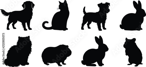 Pet Animal Silhouette Collection Featuring Dog Cat Rabbit Guinea Pig and Hamster Vector Set