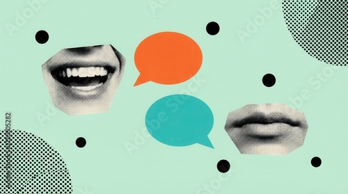 Bizarre creative trend collage featuring female and man heads talking with speech bubbles for communication.