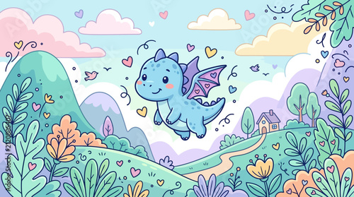 A cute blue baby dragon flies through a whimsical pastel landscape filled with floating hearts and soft clouds in a charming cartoon illustration style.