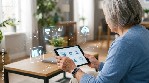Senior woman using tablet with health monitoring holograms, digital healthcare technology at home for elderly care and telemedicine, smart wearable device tracking vital signs