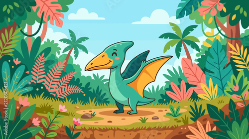 A cute cartoon pterodactyl stands in a vibrant prehistoric jungle landscape under a bright blue sky.