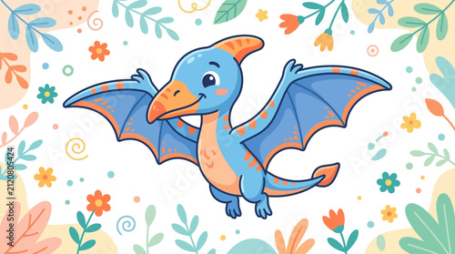 A cute blue pterodactyl cartoon character with orange accents flies against a soft white background decorated with colorful floral motifs.