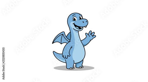A friendly light blue cartoon dragon stands against a plain white background while waving its hand in a cheerful gesture.