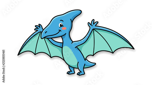 A cute cartoon illustration of a friendly blue pterodactyl with outstretched wings stands against a plain white background.