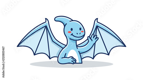 A friendly blue cartoon pterodactyl with outstretched wings waves a hand against a simple white background.