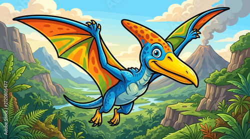 A vibrant cartoon pterodactyl flies through a sunny prehistoric landscape with lush green hills and a blue sky.