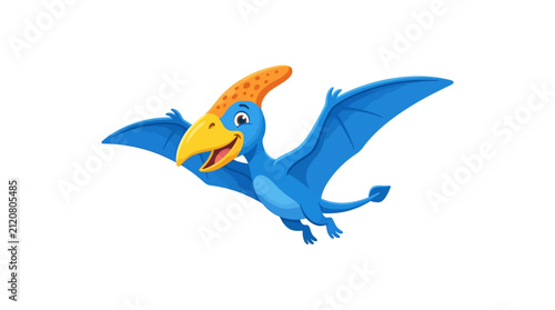 A cheerful cartoon pterodactyl with blue skin and an orange crest flies against a clean white background.
