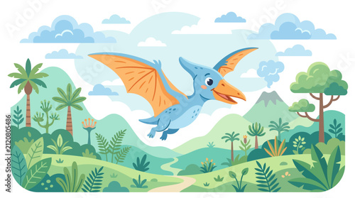 A cute blue cartoon pterodactyl with orange wings flies over a green prehistoric landscape with mountains and clouds in a vector illustration style.