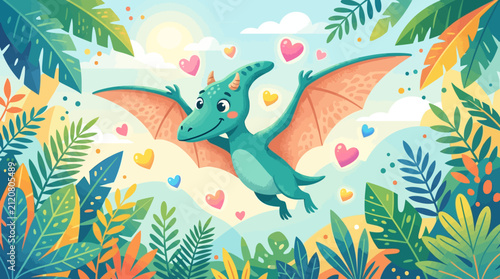 A cute green cartoon pterodactyl flies through a sunny sky surrounded by floating pastel hearts and tropical foliage.