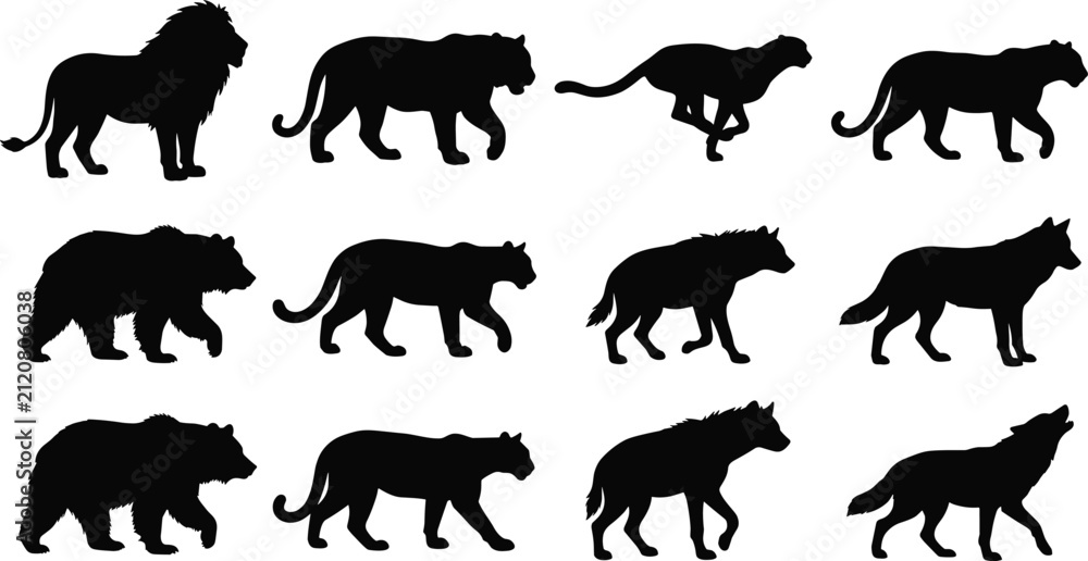 Obraz premium Wild Animal Silhouette Collection Featuring Lion Panther Cheetah Bear Hyena and Wolf Vector Set