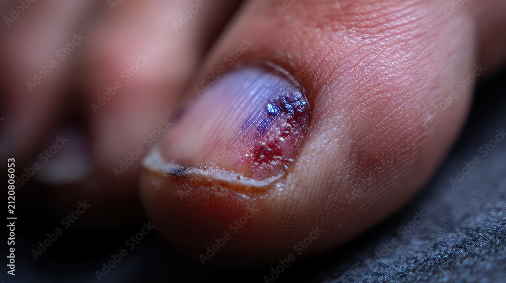 Fototapeta premium Close-Up View of Injured Toenail with Bruising and Blood Stains