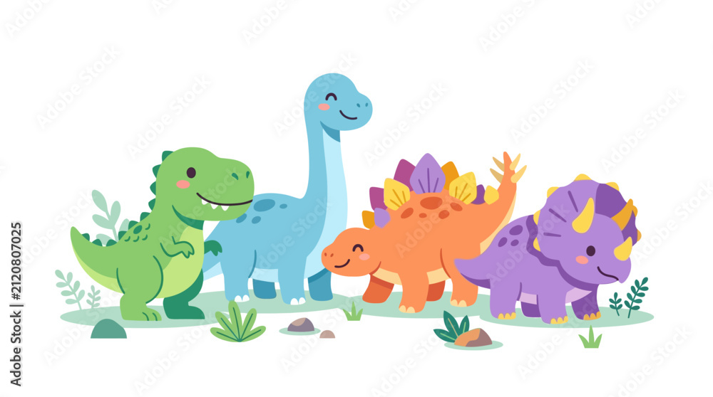 Naklejka premium A group of colorful cartoon dinosaurs stands together in a friendly arrangement against a plain white background.