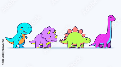 A colorful cartoon illustration depicts a purple triceratops and a green stegosaurus standing side by side against a plain white background.