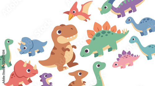 A collection of colorful cartoon dinosaurs is arranged in a repeating pattern on a clean white background.