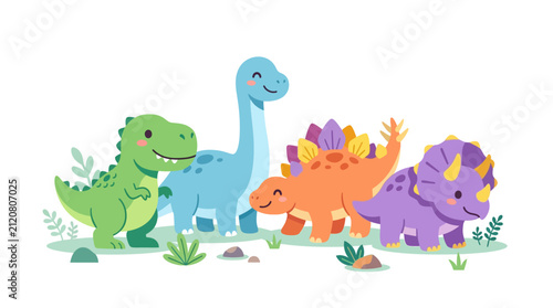 A group of colorful cartoon dinosaurs stands together in a friendly arrangement against a plain white background.