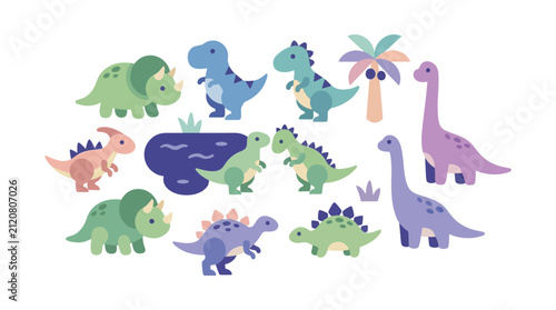 A collection of cute cartoon dinosaurs and prehistoric plants are arranged in a colorful pattern on a white background.