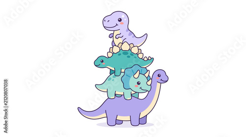 A stack of four cute cartoon dinosaurs in pastel colors stands against a clean white background in a flat vector illustration style.