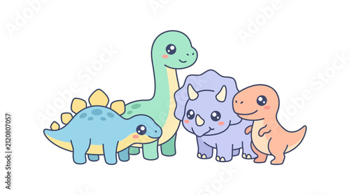 A group of four colorful, cute cartoon dinosaurs stand together against a plain white background.