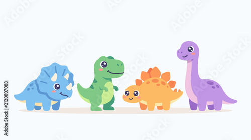 An illustration of four cute cartoon baby dinosaurs, including a blue triceratops, green t-rex, orange stegosaurus, and purple brachiosaurus standing in a row.