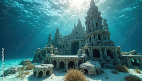 Ancient stone castle ruins submerged underwater with dramatic light rays and blue ocean atmosphere, mystical fantasy