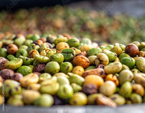 Fresh raw green and brown coffee beans.