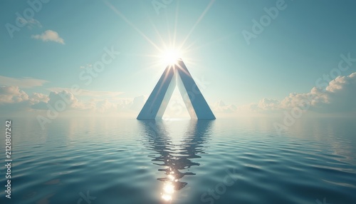 A mystical triangle pyramid emerging from calm ocean water with radiant sun flare, cinematic spiritual peaceful