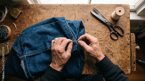 Close Up of Hands Sewing Denim Fabric with Needle and Thread