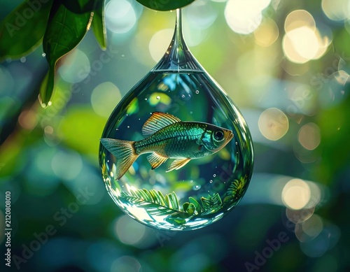Fish swimming inside hanging water droplet.