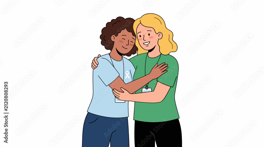 Fototapeta premium A Warm Embrace: Two diverse women share a heartfelt hug, symbolizing friendship, support, and unity. Their closed eyes and gentle smiles convey a deep connection and mutual affection.