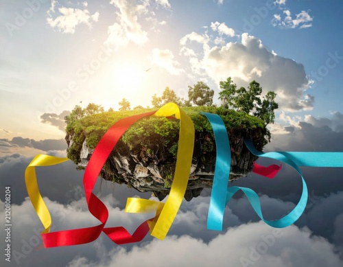 Floating island with green trees and colorful ribbons.