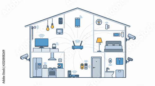 Smart Home Network Diagram: An illustration of a house interior, depicting a smart home ecosystem where various devices are connected wirelessly to a central router.