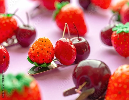 Fresh strawberries and cherries on pink