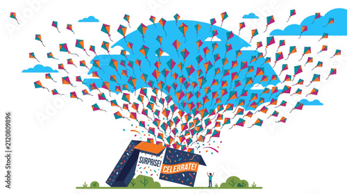 A vibrant box releasing a swarm of colorful kites into the sky.