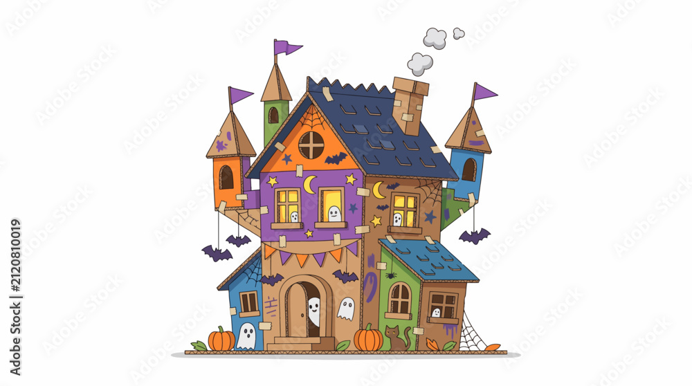 Obraz premium Spooky Halloween House Illustration: A whimsical, colorful house adorned with bats, ghosts, pumpkins, and festive flags, perfect for Halloween-themed designs.