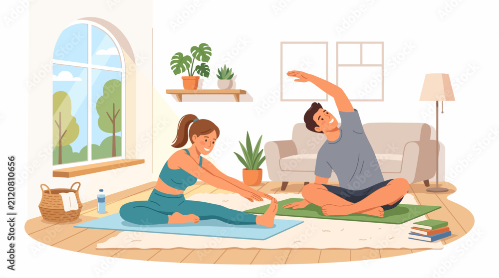 Obraz premium Yoga at Home: A couple practices yoga in a sunlit living room, embodying a healthy lifestyle and promoting relaxation and well-being.
