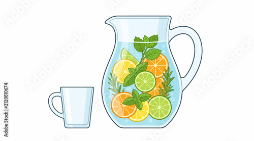 Infused Refreshment: A clear pitcher brimming with refreshing water infused with vibrant slices of citrus fruits like lemon, lime, and orange, along with fresh mint and rosemary sprigs.