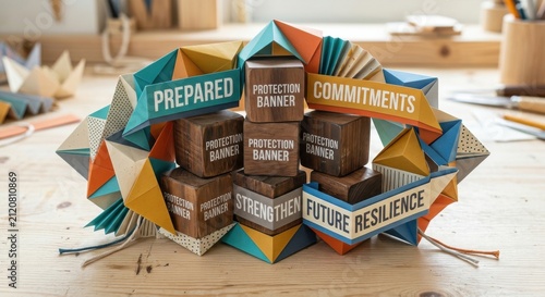 Geometric Folded Paper Banners and Wooden Blocks with Motivational Messages